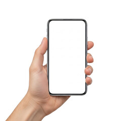 A hand holding a smartphone with a blank screen