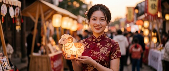Fototapeta premium Smiling young East Asian woman in red cheongsam holding a sheep lantern. Festive street market background for lunar new year. 2027 year of the sheep celebration