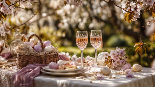 Easter celebration with sparkling wine and decoration in a blooming garden