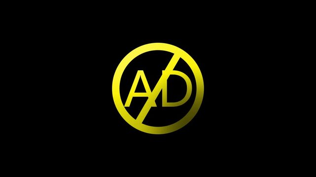 Yellow prohibition sign with letters AD inside against a black background signifying no advertisements or ad removal