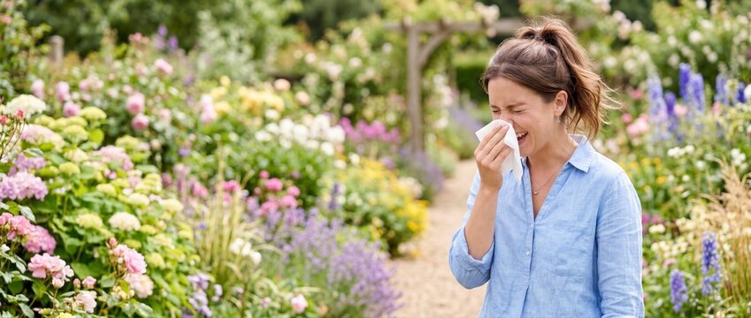 Young woman sneezing into a tissue in a flower garden. Seasonal allergy and hay fever concept