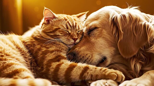 Cat and dog sleeping together peacefully.