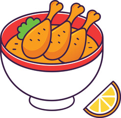 Cartoon bowl of chicken drumsticks with lemon wedge