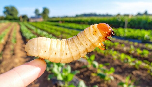 Close up of a large edible insect larva with orange head held in hand over a green agricultural field