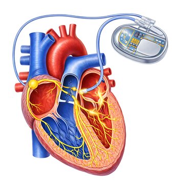 Human Heart Anatomy with Cardiac Pacemaker Implant and Electrical Conduction System Illustration