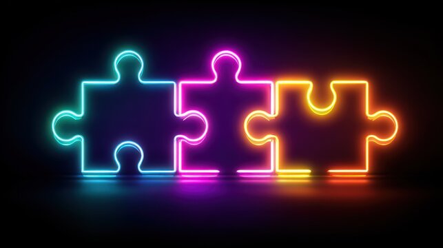 3 neon puzzle pieces in a row, emitting blue, purple, and orange glow on black surface