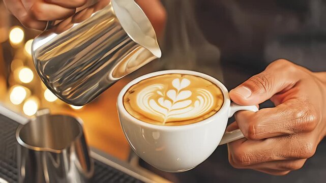 Barista hands pouring steamed milk into white ceramic cup creating latte art pattern with roasted coffee beans introduction