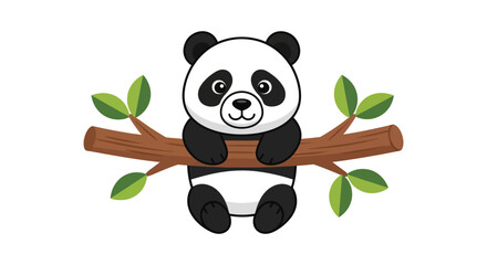 A charming illustration depicts a panda bear clinging to a branch with green leaves a delightful silhouette high quality professional detailed © rabbivay