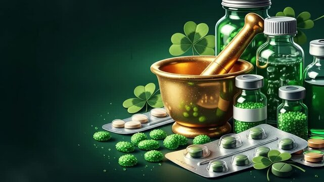 Golden mortar and pestle with shamrocks, medical bottles, and green pills. Herbal medicine and pharmaceutical health concept for St. Patricks Day.