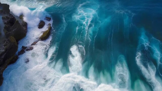 Top Down Aerial View of Ocean Waves Hitting Limestone Cliffs
