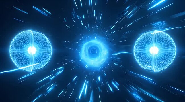 Abstract blue glowing spheres and light streaks accelerate through dark space