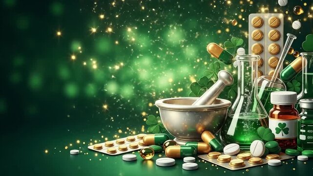 Pharmacy celebration for St. Patricks Day with shamrock, pills, mortar, pestle and laboratory glassware on green background.