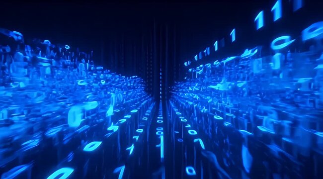 Blue binary code cascades into a digital abyss, with glowing digits and abstract shapes