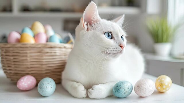 White cat with blue eyes and colorful easter eggs on a table. Easter, Pascha, Paskha, Ostern, Pascua, Paques - Orthodox and Catholic Holiday celebration