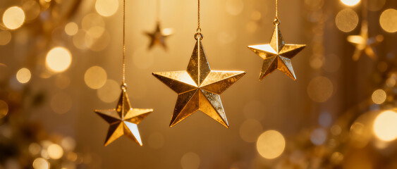 Golden stars hanging with bokeh lights isolated on transparent background