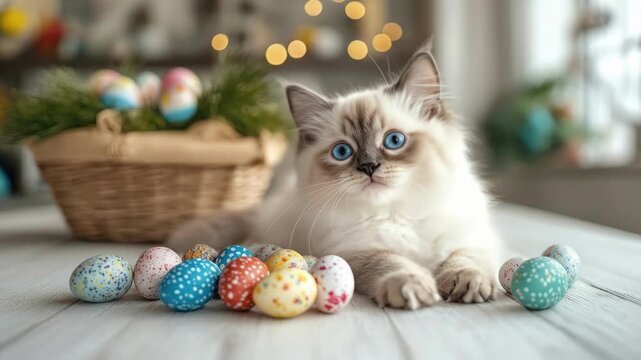 Fluffy kitten with blue eyes relaxing among colorful easter eggs on wooden table. Easter, Pascha, Paskha, Ostern, Pascua, Paques - Orthodox and Catholic Holiday celebration