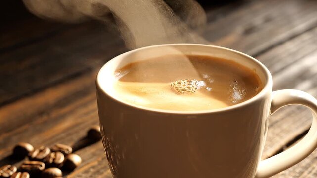 Steaming cup of coffee on wooden table.