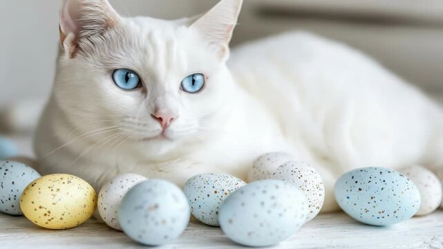 White cat with blue eyes lies among speckled easter eggs indoors. Easter, Pascha, Paskha, Ostern, Pascua, Paques - Orthodox and Catholic Holiday celebration