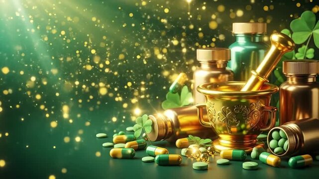 Gold mortar and pestle with pills, bottles, and shamrocks on green background. St. Patricks Day health and wellness concept.