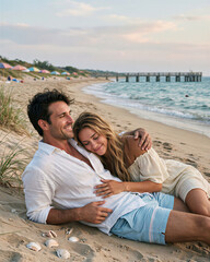 Fototapeta premium Couple sitting on sandy beach with a pier and colorful beach umbrellas in the background under a cloudy sky.
