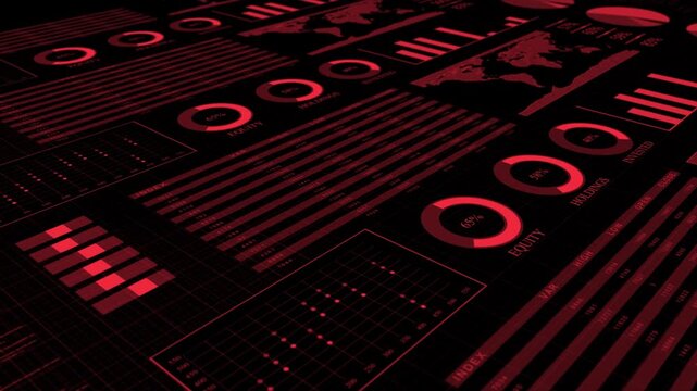 Red color bar chart with growing business concept advanced data analysis algorithms dashboard display black stock market background