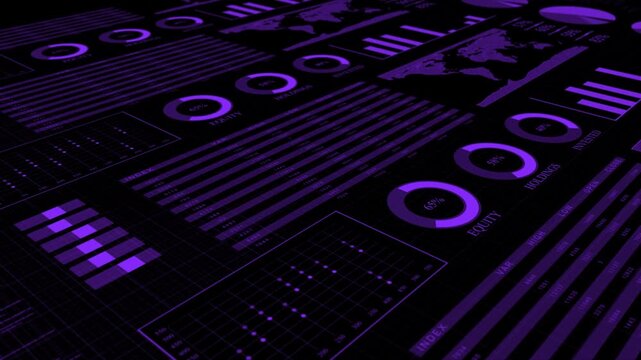 Purple color bar chart with growing business concept advanced data analysis algorithms dashboard display black stock market background