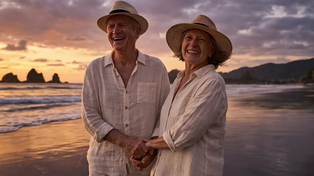 Senior Couple Laugh at Sunset Beach Holding Hands in Love During Vacation Together on Sand