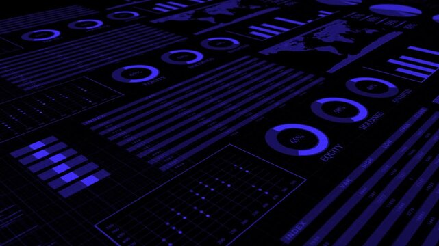 Blue color bar chart with growing business concept advanced data analysis algorithms dashboard display black stock market background