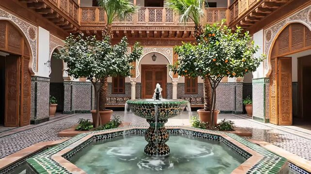 Traditional Moroccan Riad courtyard with colorful Zellige tile fountain surrounded by orange trees and intricate Moorish architecture details