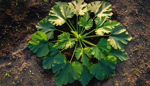 Healthy zucchini plant with large green leaves growing in rich garden soil