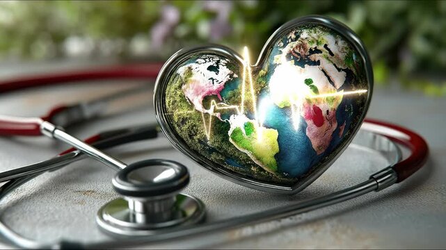A glowing heart shaped world with visible continents and oceans rests gently beside a medical diagnostic tool. This conveys global health and universal well being.