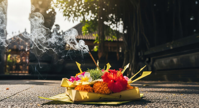 Balinese Canang Sari Offering with Flowers.