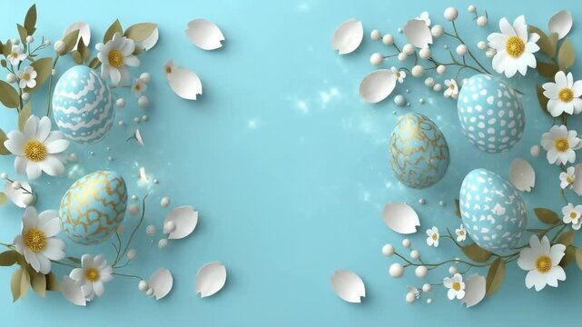 Blue and gold easter eggs with floral accents on soft blue background. Easter, Pascha, Paskha, Ostern, Pascua, Paques - Orthodox and Catholic Holiday celebration