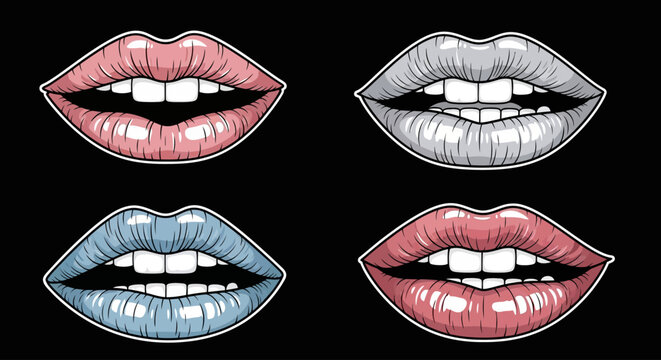 A set of four illustrated lips in different colors and styles, showcasing various lip expressions and makeup designs from a close-up front viewpoint