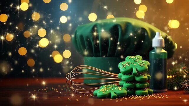 Green shamrock cookies and baking tools on a wooden table. St. Patricks Day celebration baking concept. Festive holiday dessert.