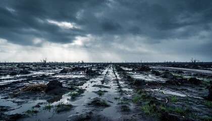 Desolate muddy field with bare trees under a dramatic cloudy sky