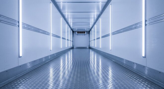 A clean, symmetrical view inside a white refrigerated trailer with bright LED strip lighting and a metal floor.