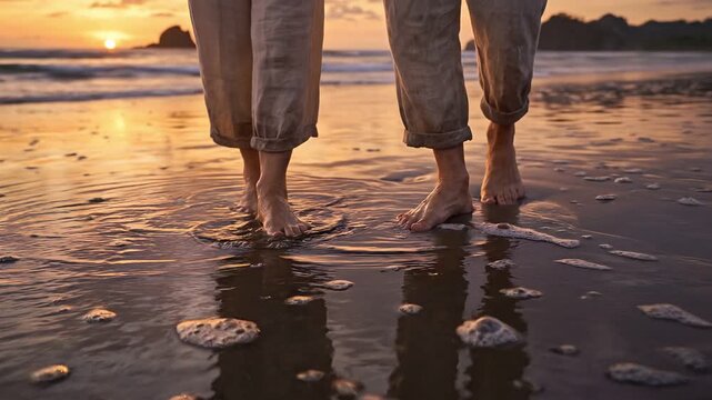 Couple's Feet Walk on Sandy Beach as Golden Ocean Waves Wash Ashore at Sunset Together