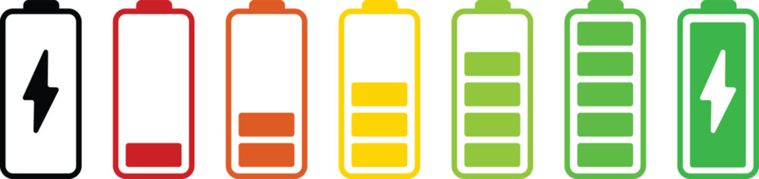 Battery charge level indicator set from empty to full energy vector icons for mobile app UI or technology infographic