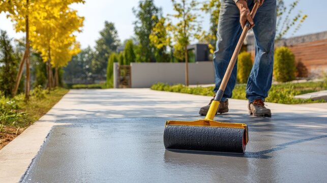 A man applying gray sealant to a concrete driveway with a paint roller outdoors