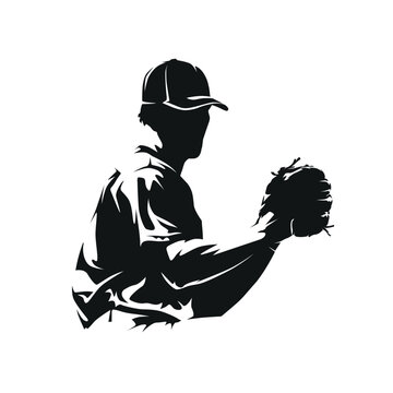 Baseball player, pitcher throws ball, isolated vector silhouette. Team sport athlete. High contrast logo