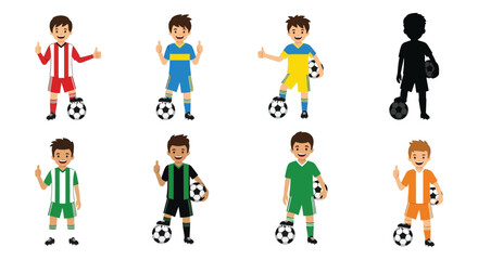 Naklejka premium Colorful cartoon boys playing with soccer balls are contrasted with a stark black silhouette high quality professional detailed modern elegant stylish