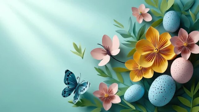 Colorful paper flowers and butterflies with easter eggs on teal background. Easter, Pascha, Paskha, Ostern, Pascua, Paques - Orthodox and Catholic Holiday celebration