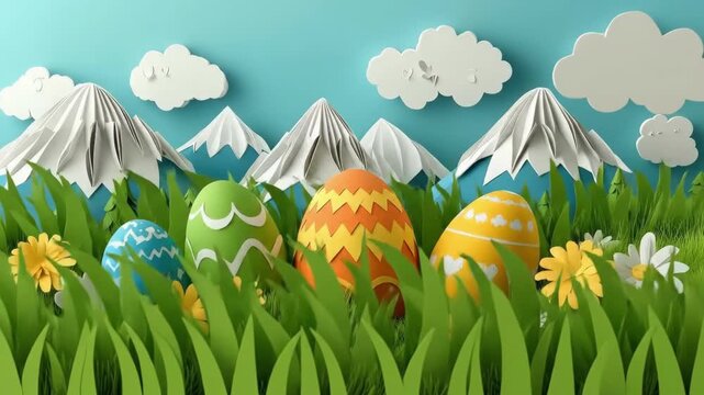Colorful easter eggs in vibrant spring mountain landscape with paper art flowers. Easter, Pascha, Paskha, Ostern, Pascua, Paques - Orthodox and Catholic Holiday celebration