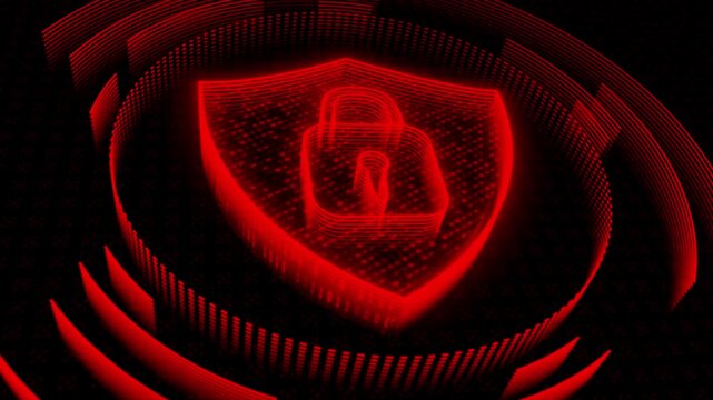 Red color futuristic cybersecurity technology digital shield and lock data protection black technology background