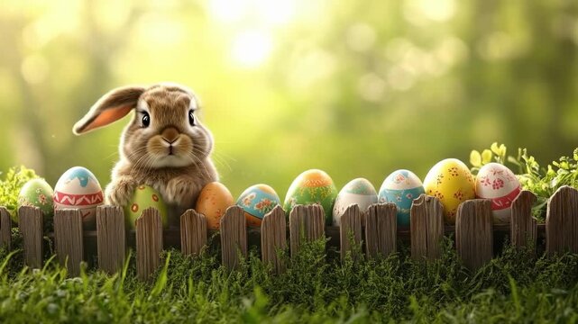 Cute bunny with colorful easter eggs in sunny garden scene. Easter, Pascha, Paskha, Ostern, Pascua, Paques - Orthodox and Catholic Holiday celebration