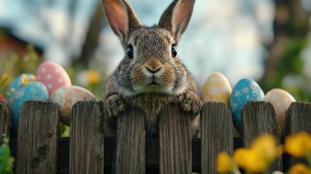 Adorable bunny surrounded by colorful easter eggs in a spring garden. Easter, Pascha, Paskha, Ostern, Pascua, Paques - Orthodox and Catholic Holiday celebration
