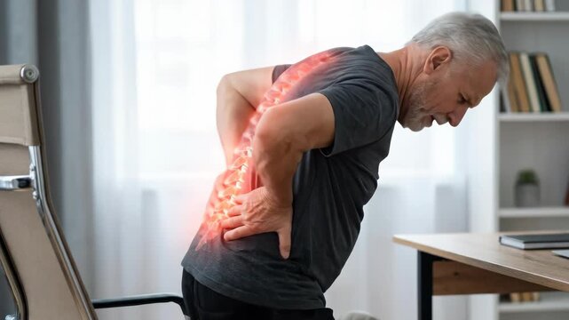 Mature adult, suffering from intense lower back pain, glowing spine visualization, spinal injury, physical discomfort, health issue, muscle ache, chiropractic concern