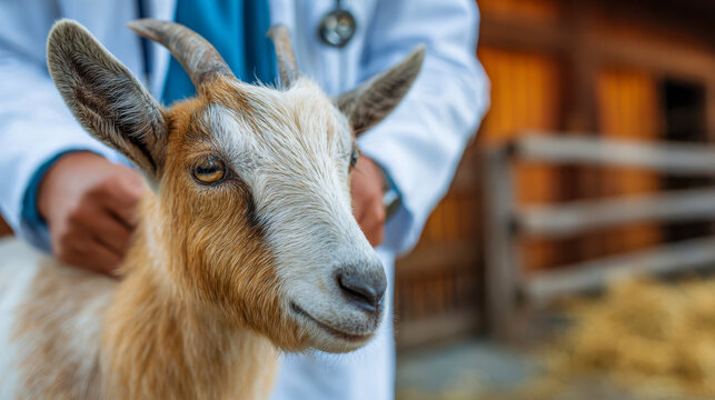 Vet examines goat at farm during daylight hours with a wooden barn in the background and straw scattered on the ground