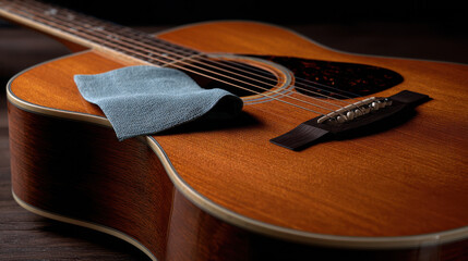 Obraz premium Guitar rests on a wooden surface with a cloth placed on the strings, showing preparation for cleaning or maintenance after playing in a music room